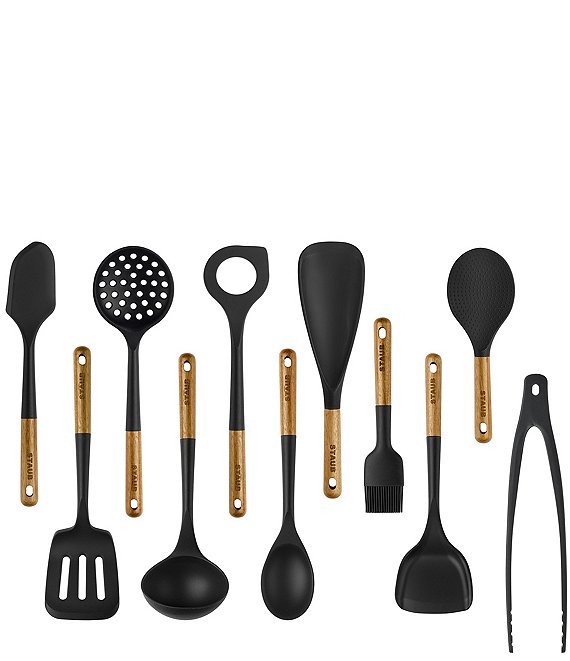 Staub Silicone with Wood Handle 11-Piece Cooking Utensil Set, Black - Image 1