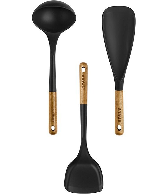 Staub Silicone with Wood Handle 3-Piece Cooking Utensil Set, Black - Image 1