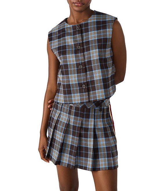 Steve Madden Alessa Plaid Print Crew Neck Sleeveless Button Front Coordinating Top, Brown Plaid - Image 1