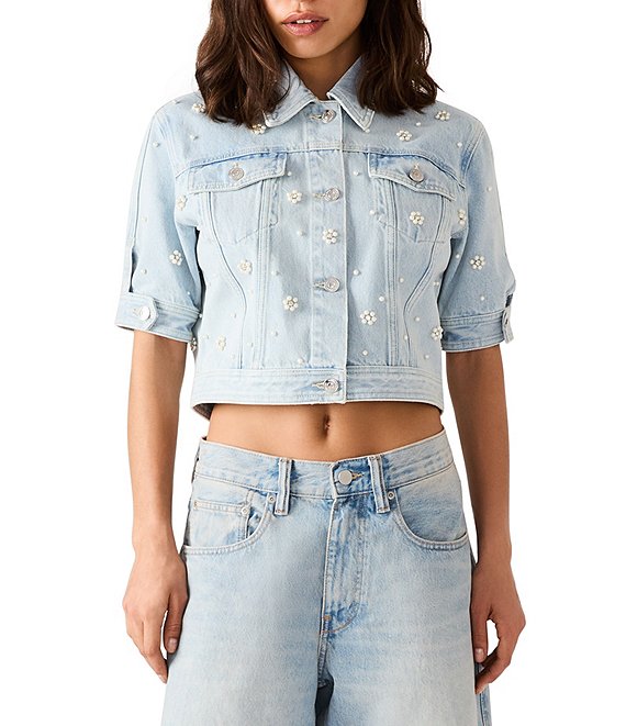 Steve Madden Blu Pearl Floral Pattern Embellished Collared Short Sleeve Coordinating Denim Jacket, Coastal Buffalo - Image 1