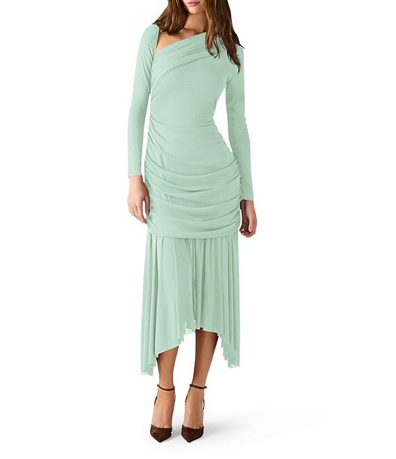 Steve Madden Brioni Asymmetrical Neck Long Sleeve Mesh Midi Dress, Dusty Teal - Image 1