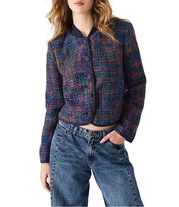 Steve Madden Carlene Wool Blend Collared Long Sleeve Tweed Jacket, Blue - Image 1
