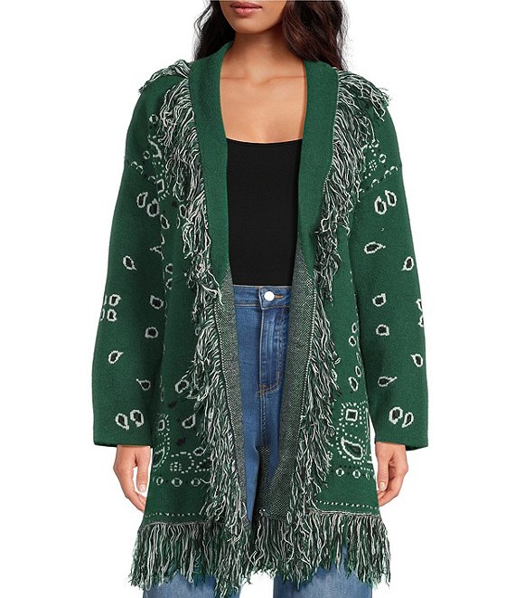 Sugarlips Bandana Fringe Shawl Collar Belted Open Front Cardigan, Emerald Multi - Image 1