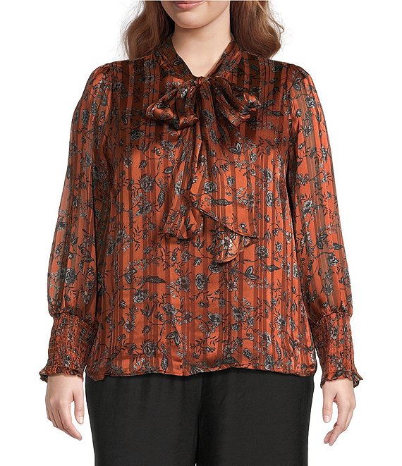 Sugarlips Plus Leoben Floral/Stripe Printed Balloon Sleeve Satin Blouse, Brown/Black - Image 1