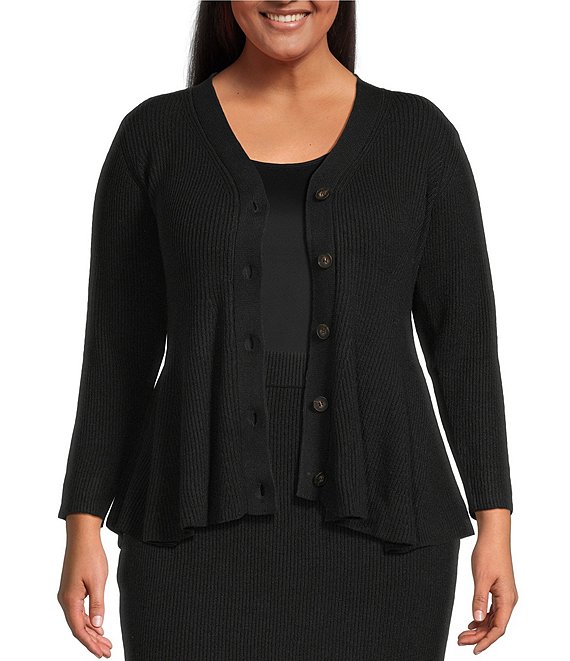 Sugarlips Plus Size Carthay Mile V-Neck Long Sleeve Button Down Coordinating Cardigan, Black - Image 1