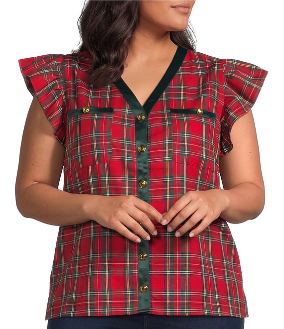 Sugarlips Plus Size Diana Plaid Printed V-Neck Ruffle Sleeve Button Front Top