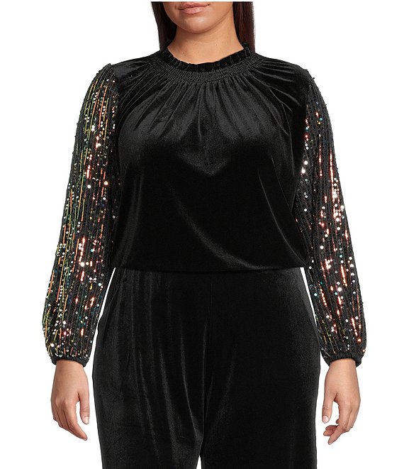 Sugarlips Plus Size Sparkle City Velvet Ruffle Mock Neck Sequin Long Sleeve Top, Black - Image 1