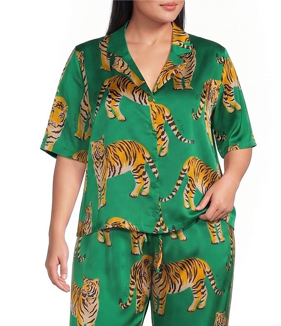 Sugarlips Plus Size Violda Tiger Printed Satin Collared Short Sleeve Button Down Coordinating Top