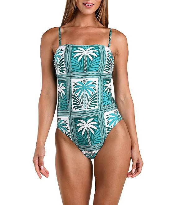 Sunshine '79 Patchwork Palms Bandeau One Piece Swimsuit, Turquoise - Image 1