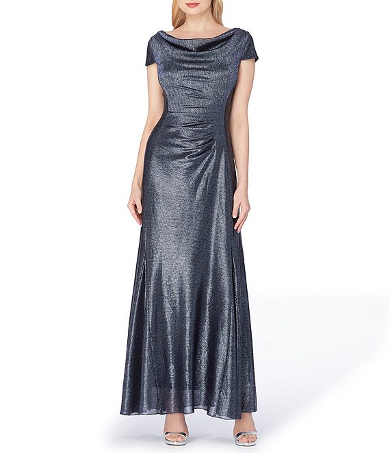 Tahari ASL Long Cap-Sleeve Metallic Knit Gown