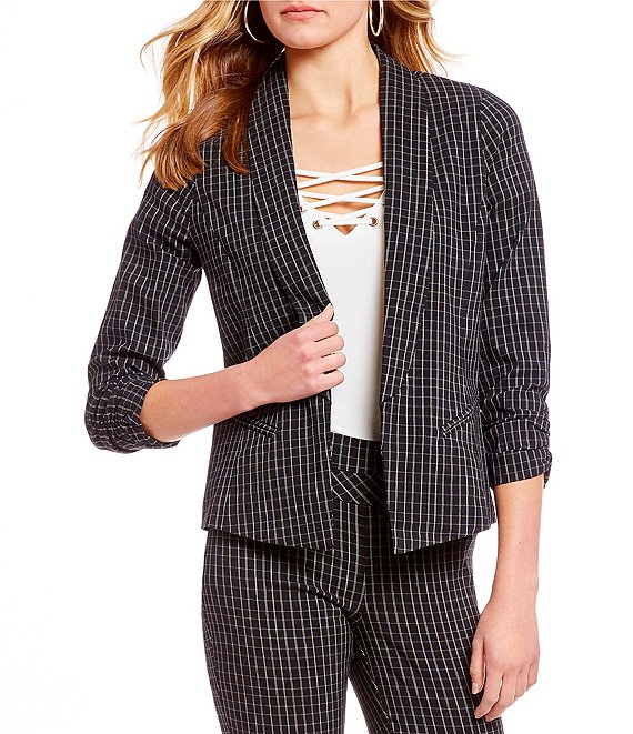 Takara Ruched-Sleeve Coordinating Menswear Plaid Jacket