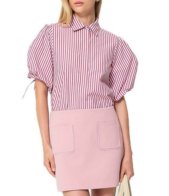 Tara Jarmon Caly Striped Point Collar Short Sleeve Button Front Blouse