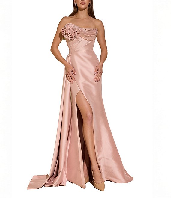 Terani Couture 3D Floral Strapless Stretch Mikado Drape Front Sheath Gown, Blush - Image 1