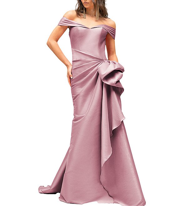 Terani Couture Off-the-Shoulder Ruffle Front Mikado Gown, Mauve - Image 1