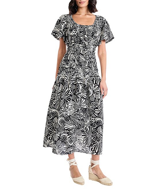The Good Journey Linen Blend Printed Square Neck Puff Sleeve A-Line Midi Dress, Black Cream - Image 1