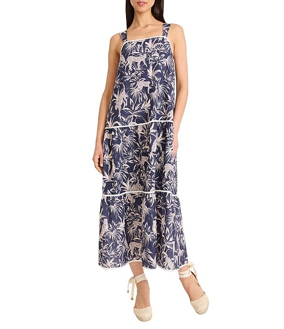 The Good Journey Linen Blend Tropical Print Square Neck Sleeveless Maxi Sheath Dress, Navy/Cream - Image 1