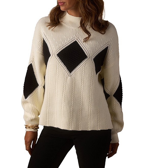 The Normal Brand Celeste Argyle Pattern Merino Wool Blend Mock Neck Dropped Shoulder Knit Sweater, Cream/Black - Image 1