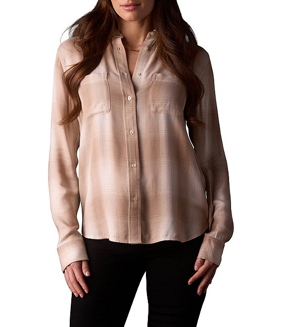 The Normal Brand Harper Plaid Print Lightweight Woven Point Collar Button Front Shirt, Cream Plaid - Image 1