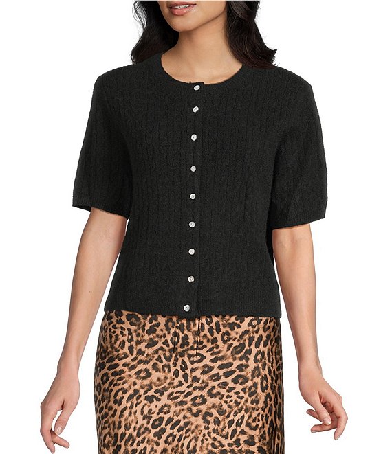 Things Between Cable Knit Button Front Short Sleeve Cardigan, Black - Image 1