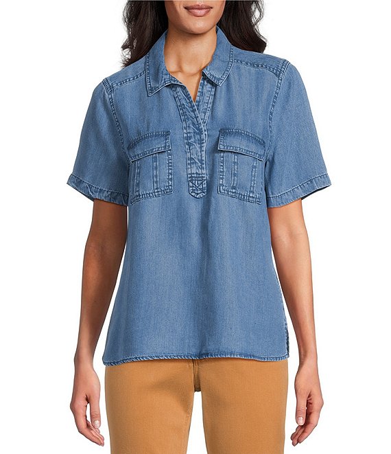 Tommy Bahama Chambray O'Lei Utility Short Sleeve Popover Top, Medium Indigo Wash - Image 1