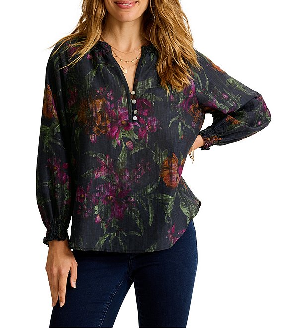 Tommy Bahama Orchid Isle Ruffle Neckline Button Front Placket Long Sleeve Top, Black - Image 1