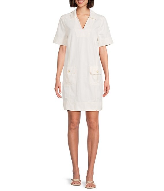 Tommy Bahama Utility Twill Linen Cotton Blend Jonny Collar Short Sleeve Shift Dress, Coconut - Image 1