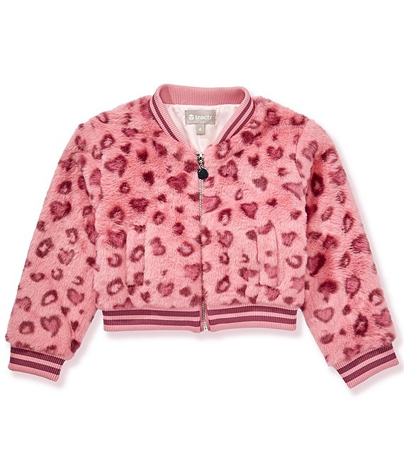 Tractr Little Girls Heart Leopard Print Faux Fur Zip Up Jacket