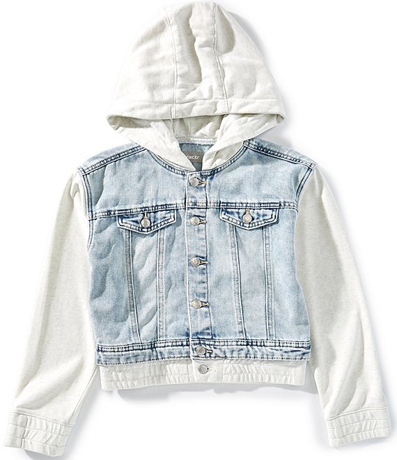 Tractr Big Girls Terrycloth/Denim Two-Fer Hooded Jacket, Indigo 1 - Image 1