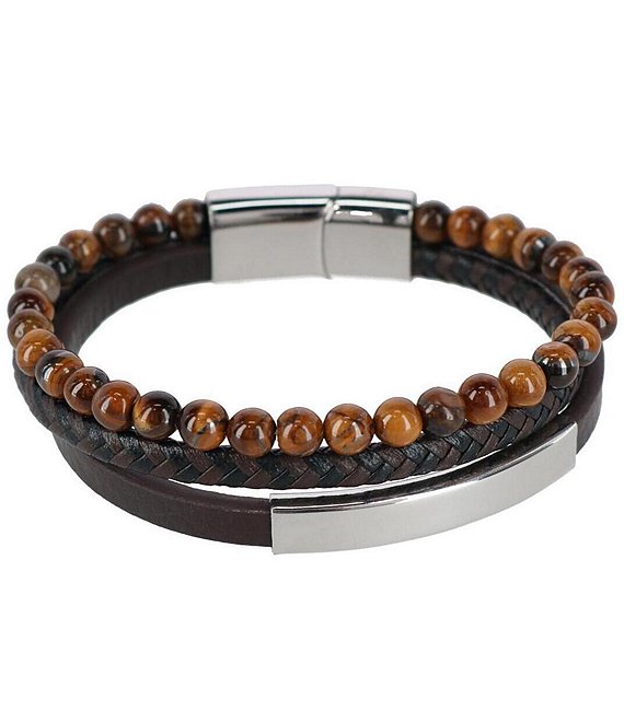 Trafalgar Beaded And Leather 3 Strand Bracelet, Brown - Image 1