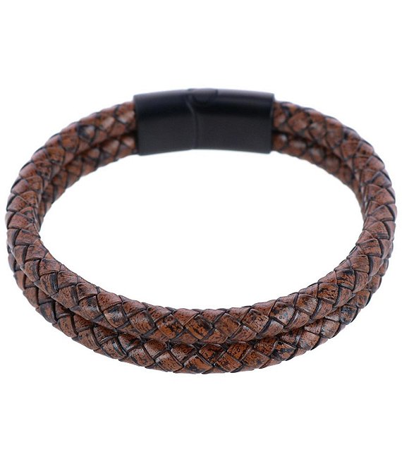Trafalgar Simple 2 Band Braided Secure Clasp Leather Bracelet, Brown - Image 1