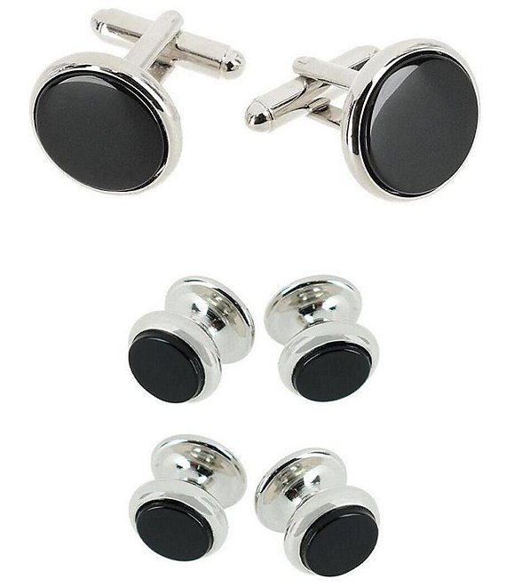 Trafalgar Sutton Round Genuine Onyx Formal Cuffs & Links 6-Piece Set, Rhodium - Image 1