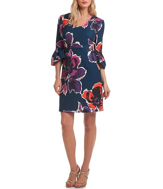 trina Trina Turk Scoop Neck Bell Sleeve Floral Print Dress