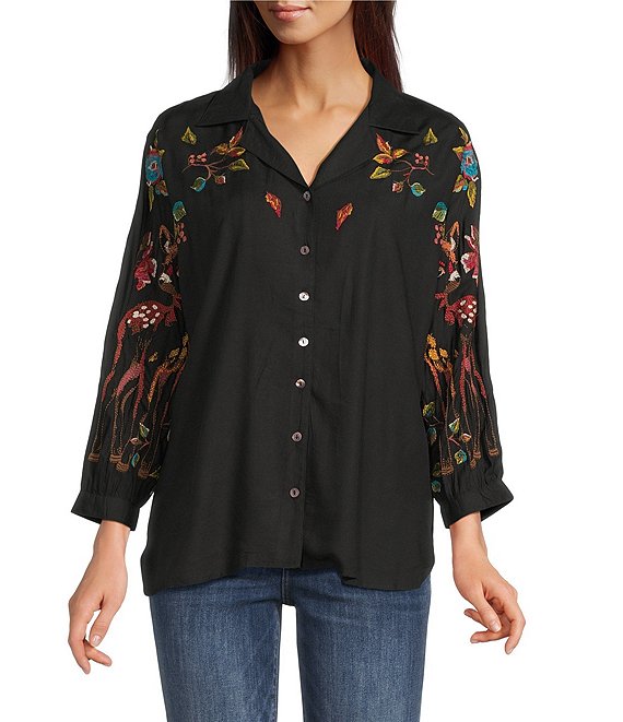Tru Luxe Jeans Embroidered Point Collar 3/4 Dolman Sleeve Button Front Shirt, Black - Image 1