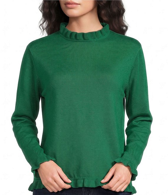 Tru Luxe Solid Ruffle Trim Long Sleeve Pullover Sweater