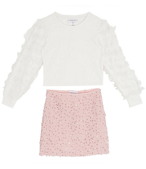 Tween Diva Big Girls 3D-Butterfly Mesh Long Sleeve Knit Top & Allover Print Sequin Skirt Set, Blush - Image 1
