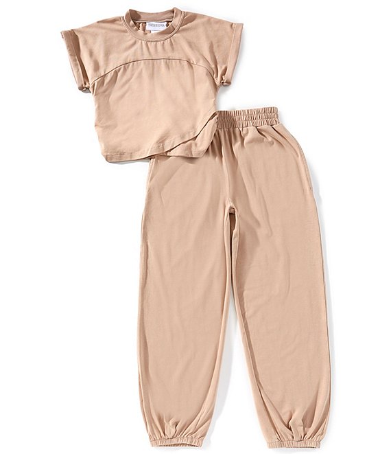 Tween Diva Big Girls Washed Jersey Knit Crossover T-Shirt & Matching Jogger Pants Set, Taupe - Image 1