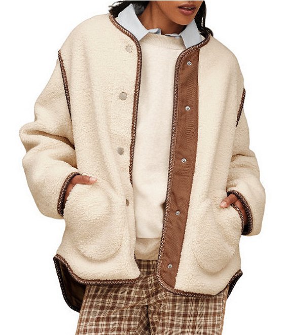 UGG Emmersyn UGGBraid Long Sleeve V-Neck Plush Fleece Snap-Front Jacket, Cream - Image 1