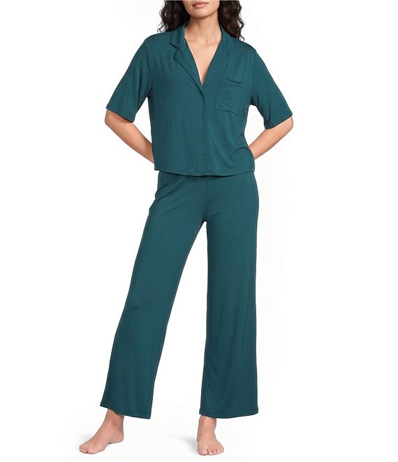 VAN WINKLE & CO. Solid Jersey Knit Short Sleeve Notch Collar Long Pajama Set