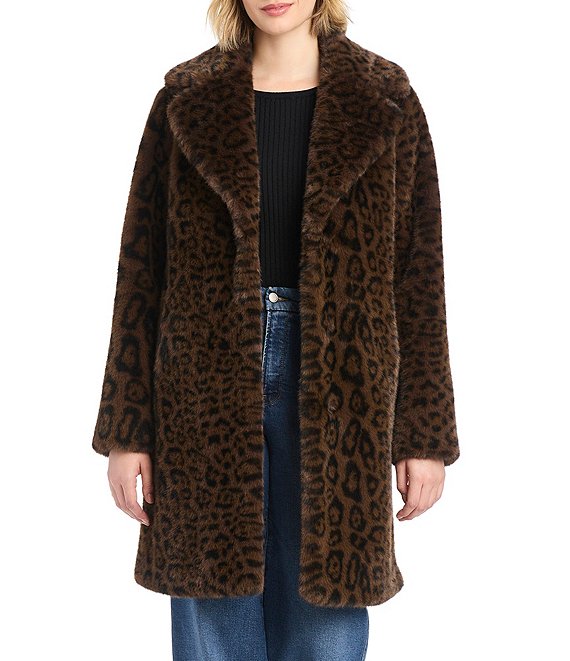 Vince Camuto Faux Fur Leopard Print Dramatic Notch Collar Coat, Leopard - Image 1