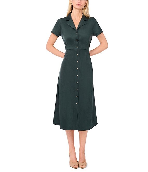 Vince Camuto Faux Suede Point Collar Short Sleeve Button Front Dress, Forest Night - Image 1