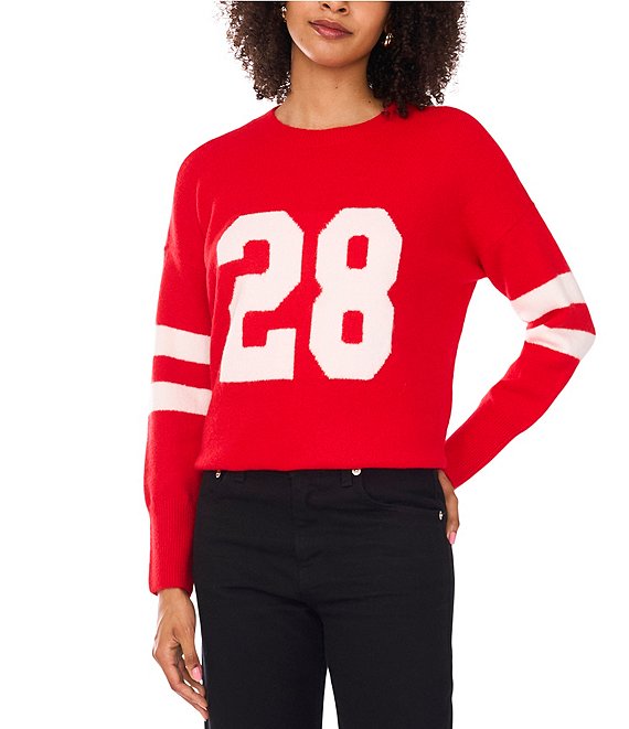 Vince Camuto Knit Number 28 Game Day Round Neck Long Sleeve Sweater, Bright Cherry - Image 1