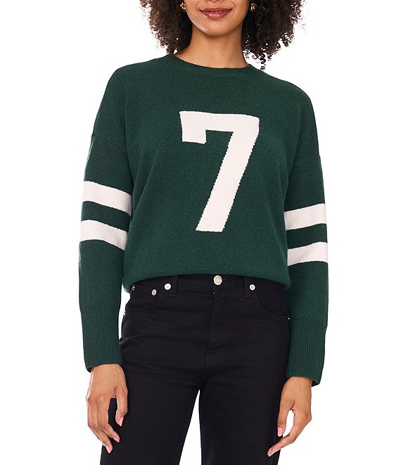 Vince Camuto Knit Number 7 Game Day Round Neck Long Sleeve Sweater, Windsor Moss - Image 1