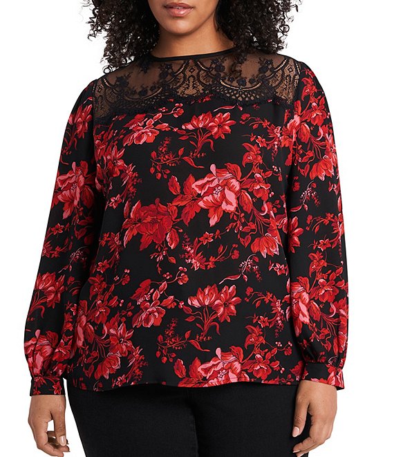 Color:Rich Black - Image 1 - Plus Size Long Sleeve Lace Yoke Floral Print Blouse