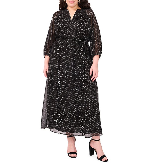 Vince Camuto Plus Size Lurex Dotted Mesh V-Neck Long Sleeve Maxi Dress, Rich Black - Image 1