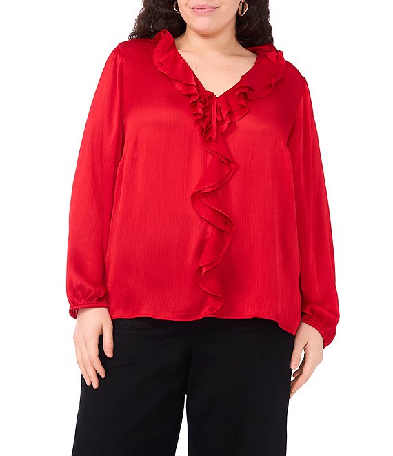 Vince Camuto Plus Size Woven V-Neck Long Sleeve Ruffle Blouse, Cherry Red - Image 1