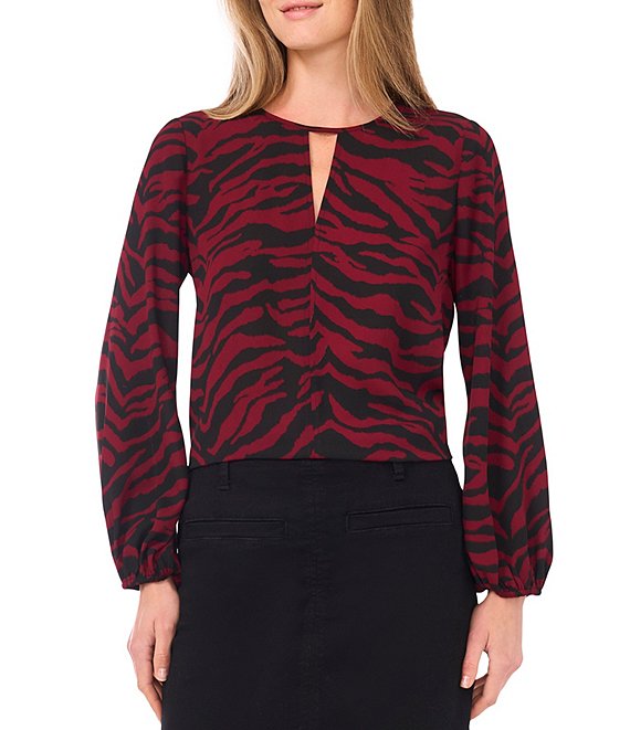 Vince Camuto Woven Zebra Print V-Neck Long Sleeve Center Front Seam Top, Boysenberry - Image 1
