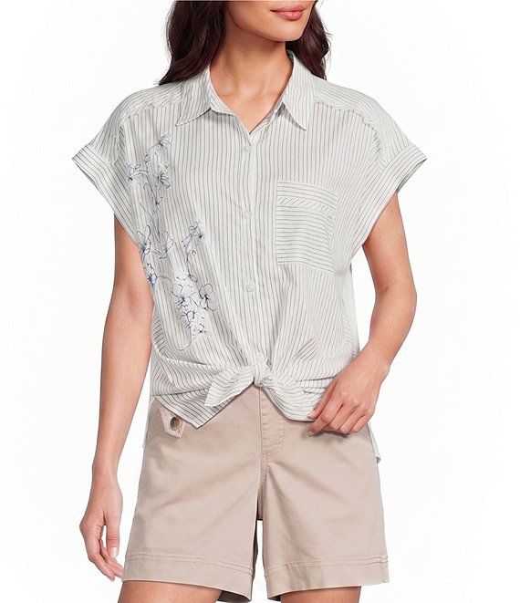 Westbound Floral Stripe Print Button Front Tie Hem Top