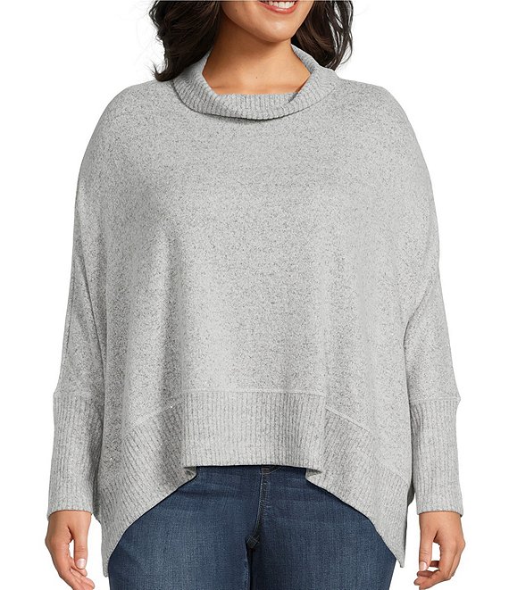 Westbound Plus Size Long Sleeve Mock Neck Knit Top, Grey Heather - Image 1