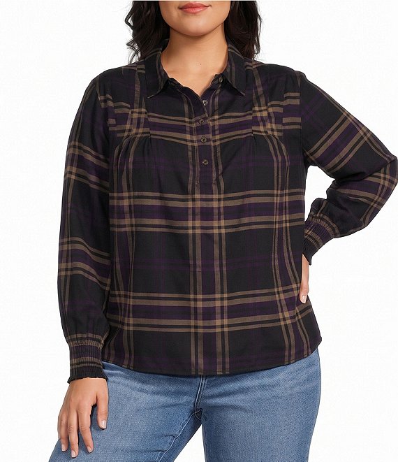 Westbound Plus Size Long Sleeve Y-Neck Button Front Blouse