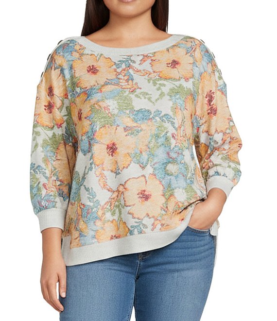 Westbound Plus Size Multi Watercolor Floral Knit Long Sleeve Button Shoulder Pullover Top, Multi Watercolor Floral - Image 1